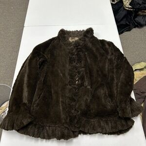 Damselle Faux Fur Jacket Womens Large Brown Ruffle Hem Hook Closure E1